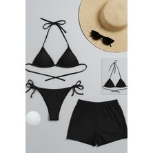 Zenvia Kadın 3'lü Set Siyah Şortlu ve Yandan Bağlamalı Bikini Mayo Takımı