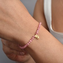 Nox Jewelry 14 Ayar Altın Kaplama Gümüş Harfli Pembe Opal Doğal Taş Gümüş Bileklik - BGS00123