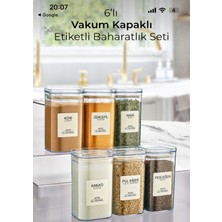 Evolis Kitchen Etiketli 6'li Set  Akrilik Vakumlu Kare Baharatlık Seti 350 ml Sızdırmaz Kapaklı Baharatlık Takımı