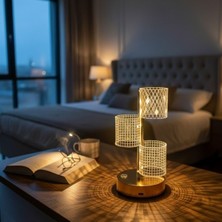 Selfbuysell 3 Parça Silindirik Kristal Ekose Kareli LED Masa Lambası – Gold Gövdeli, Dokunmatik, 3 Kademe Işık Ayarlı Şarjlı Dekoratif Lamba (5324)