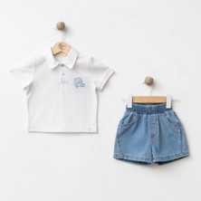 Bebeva Baby Erkek Bebek Beyaz Yunus Nakışlı Polo Yaka Tişört ve Denim Şort 2'li Kombin Takım
