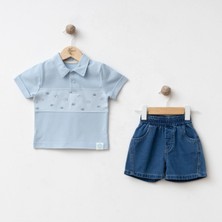 Bebeva Baby Erkek Bebek Bebe Mavisi Balık Nakışlı Polo Yaka Tişört ve Denim Şort 2'li Takım