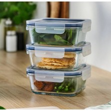 IKEA 3'lü Cam Saklama Kabı Plastik Kapaklı Kare 15X15X6 cm Sızdırmaz Kapaklı Contalı 600 ml