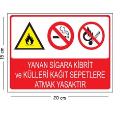 Mayeka Metal Yanan Sigara Kibrit ve Külleri Kağıt Sepetlere Atmak Yasaktır 15X20 cm Uyarı Iş Güvenliği