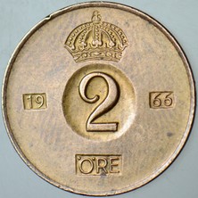 Banknoting Isveç 2 Öre 1966 Kral 6. Gustaf Dönemi.
