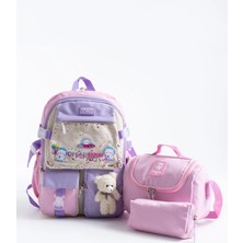 Kingston Hill Kawaii Kore Tarzı Çok Bölmeli Ilkokul Çantası 3 Lü Set (Çanta + Termal Beslenme + Kalemlik)