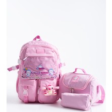 Kingston Hill Stitch Kawaii Kore Tarzı Çok Bölmeli Ilkokul Çantası 3 Lü Set (Çanta + Termal Beslenme + Kalemlik)