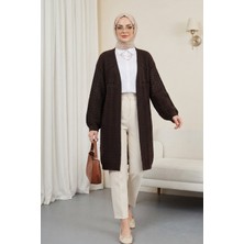 Moda Morfo Ponponlu Karışık Desen Araboy Triko Hırka -Kahve