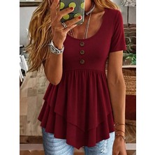 Kadın Kısa Kollu Yuvarlak Yakalı Düğmeli Önden Asimetrik Kesim Detaylı Viskon Bluz