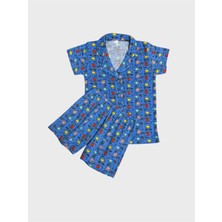 Elmas Kids Erkek Çocuk %100 Pamuklu Mavi Fil Desenli Gömlek Yaka Düğmeli Kısa Kollu Şortlu Pijama Takımı