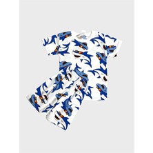 Aliş Kids Erkek Çocuk Pamuklu Beyaz Mavi Balina Desenli Kısa Kollu Şortlu Yazlık Pijama Takımı