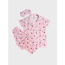 Aliş Kids Anne-Kız Çocuk Pembe Tavşan Çilek Desenli Gömlek Yaka Düğmeli Göz Bantlı Kısa Kollu Pijama Takımı