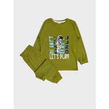 Elmas Kids Erkek Çocuk %100 Pamuklu Haki Rengi Astronot Desenli Uzun Kollu Pijama Takımı