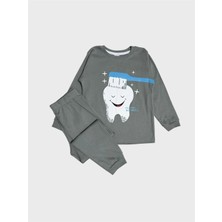 Elmas Kids Erkek Çocuk %100 Pamuklu Gri Diş Fırçası Desenli Uzun Kollu Pijama Takımı