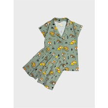 Elmas Kids Erkek Çocuk %100 Pamuklu Yeşil Aslan Desenli Gömlek Yaka Düğmeli Kısa Kollu Şortlu Pijama Takımı