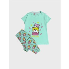 Elmas Kids Kız Çocuk %100 Pamuklu Yeşil Kedi Desenli Kısa Kollu Altı Uzun Yazlık Pijama Takımı