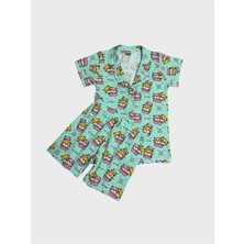 Elmas Kids Kız Çocuk %100 Pamuklu Yeşil Kedi Desenli Gömlek Yaka Düğmeli Kısa Kollu Şortlu Pijama Takımı
