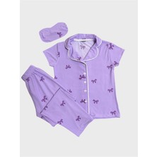 Aliş Kids Anne-Kız Çocuk Pamuklu Lila Kurdele Desenli Gömlek Yaka Düğmeli Kısa Kollu Uyku Gözlüklü Pijama Takımı