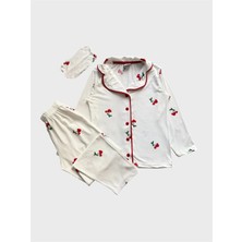 Aliş Kids Anne-Kız Milan Kumaş Beyaz Kiraz Desenli Gömlek Yaka Düğmeli Uyku Bantlı Pijama Takımı