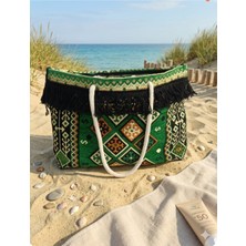 Ayder Online Satış Geniş Iç Hacim, Etnik Şıklık: 50X30 cm Yeşil Bohem Plaj Çantası