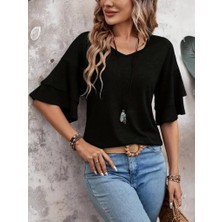 Emh Store Kadın Kısa Kollu V Yakalı Viskon Bluz