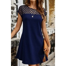 Cotton Lab Cottonlab Kadın Kısa Kollu Bisiklet Yakalı Tül Detaylı Kısa Janjan Krep Elbise