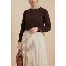 Moda Morfo Yuvarlak Yaka Kolu Düğme Detaylı Triko Tunik  -K. Kahve