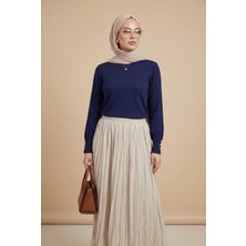 Moda Morfo Yuvarlak Yaka Kolu Düğme Detaylı Triko Tunik  -Indigo