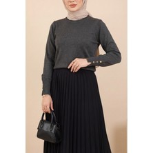 Moda Morfo Yuvarlak Yaka Kolu Düğme Detaylı Triko Tunik  -Füme