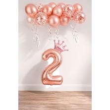 Patladı Gitti Rakam Rose Gold Folyo Balon, Kral Tacı ve Konfetili Rose Gold Balon