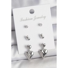 Uravas Store Pirinç Gümüş Renk Zirkon Taşlı Sallantılı Kalp Model 3 Çift Kadın Küpe Seti