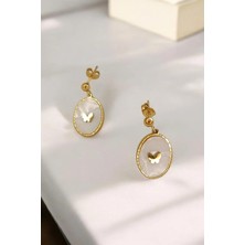 Luna Jewelry Kadın Gold Renk Beyaz Sedefli Mineli Kelebek Model 316 L Çelik Küpe