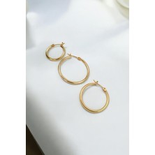 Luna Jewelry Kadın Zarif 316 L Çelik Altın Renkli 3'lü Halka Küpe Seti