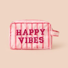 Simple Living Happy Vibes Pembe Kozmetik Çantası Kumaş Malzeme ile 21X12X8 cm Ergonomik Tasarım