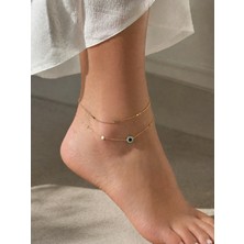 Bymiel Mavi Taş Detaylı Çift Zincir Halhal – Gold Kaplama Zarif Tasarım