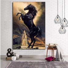 Lona Sanat Yağlı Boya Görünümlü Şaha Kalkmış Siyah At Kanvas Tablo Premium Kalite