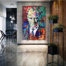 Lona Sanat Mustafa Kemal Atatürk Karizma Portre Yağlı Boya Efektli Dekor Dikey Kanvas Tablo
