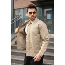 Little Cup Jeans Co Erkek Regular Fermuarlı, Çıtçıtlı ve Baskılı Vizon Canvas Ceket