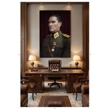 Lona Sanat Mustafa Kemal Atatürk Renkli Portre Tablo – Premium Askeri Üniformalı Kanvas Duvar Dekoru