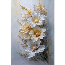 Lona Sanat 👉 Beyaz Gold Çiçek Tablo – 3D Kabartma Efektli Modern Duvar Dekoru