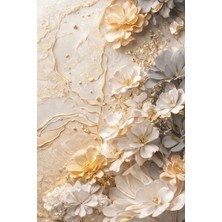 Lona Sanat Gold Floral 3D Kabartma Görünümlü Dekoratif Tablo | Modern Bej & Altın Çiçekli Duvar Tablosu |