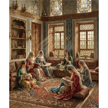 Lona Sanat Osmanlı Kadınları Okuma ve El Sanatları Tablosu – Vintage Oryantal Dekoratif Kanvas Duvar Tablosu