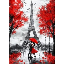 Lona Sanat Paris Aşk Tablosu - Paris Romantik Tablo – Eyfel Kulesi Kırmızı Şemsiye Aşk Temalı Duvar Dekoru