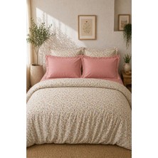Nesco Krem Çiçek Desenli Pamuk 220X240 Battal Boy Nevresim Takımı + Lastikli Gül Kurusu Çarşaf + 4 Yastık