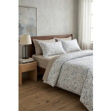 Nesco %100 Pamuk Çift Kişilik Nevresim Takımı 200X220 cm Lastikli Çarşaflı Mavi Çiçek Desenli Bej