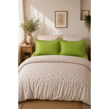 Nesco Beyaz Çiçek Pamuk 220X240 Battal Boy Nevresim Takımı + Lastikli Fıstık Yeşili Çarşaf + 4 Yastık