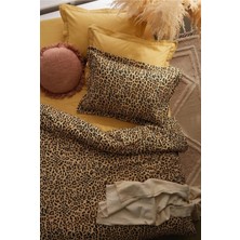 Nesco Battal Boy %100 Pamuk Nevresim Takımı 220X240 Leopar Desenli Nevresim + Düz Hardal Çarşaf