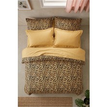 Nesco Çift Kişilik %100 Pamuk Nevresim Takımı 200X220 Leopar Desenli Nevresim + Düz Hardal Çarşaf