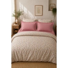 Nesco Krem Çiçek Desenli Pamuk 220X240 Battal Boy Nevresim Takımı + Lastikli Pudra Pembe Çarşaf + 4 Yastık
