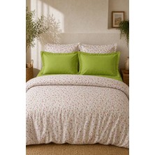 Nesco Beyaz Çiçek Desenli Pamuk 220X240 Battal Boy Nevresim Takımı + Lastikli Yeşil Çarşaf + 4 Yastık